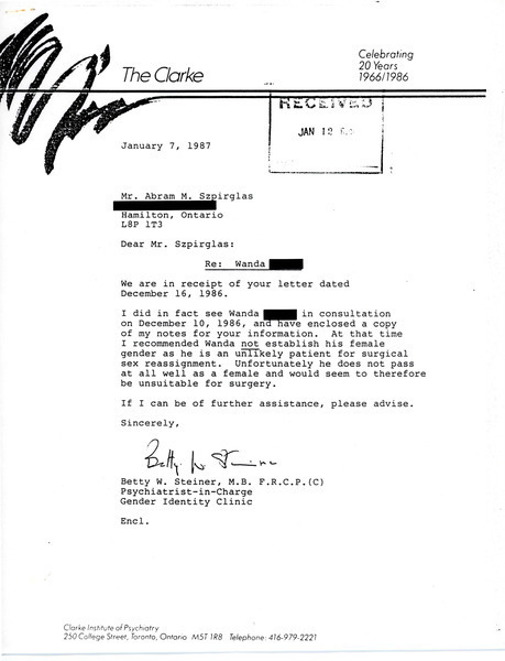Download the full-sized image of Letter from Dr. Betty Steiner to Abram Szpirglas (January 12, 1987)