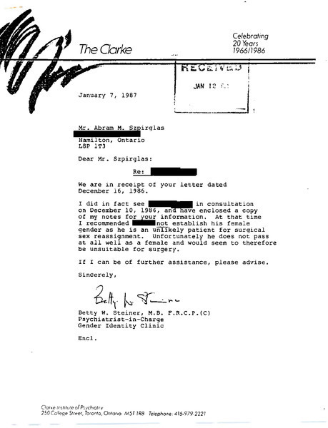 Download the full-sized image of Letter from Dr. Betty Steiner to Abram Szpirglas (January 12, 1987)