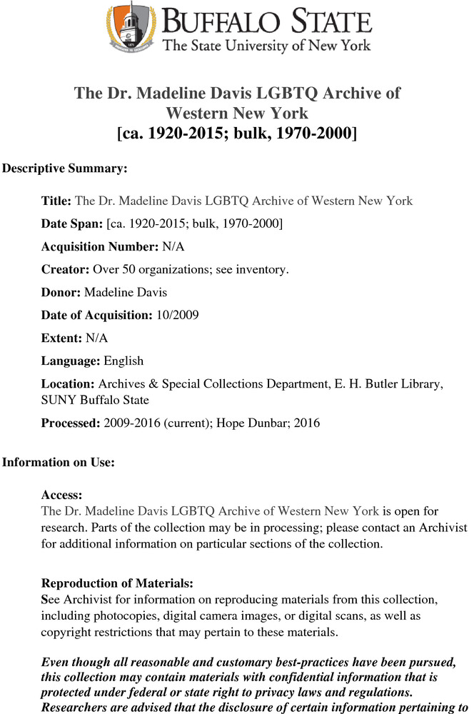 Download the full-sized PDF of The Dr. Madeline Davis LGBTQ Archive of Western New York
