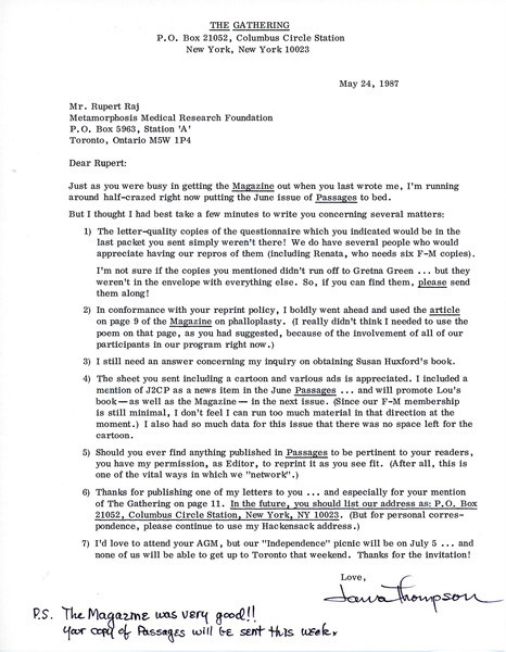 Download the full-sized image of Letter from Jana Thompson to Rupert Raj (May 24, 1987)