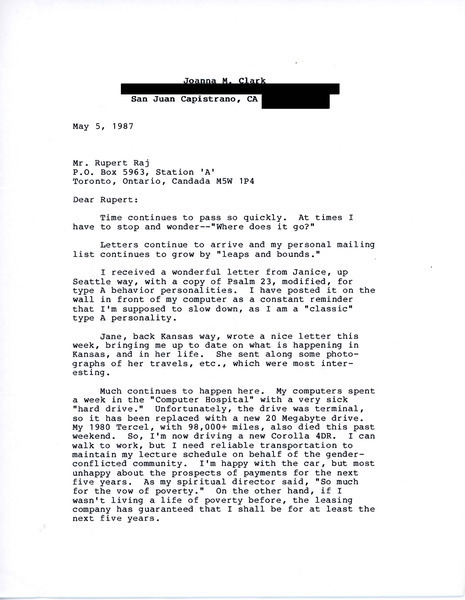 Download the full-sized image of Letter from Joanna M. Clark to Rupert Raj (May 5, 1987)