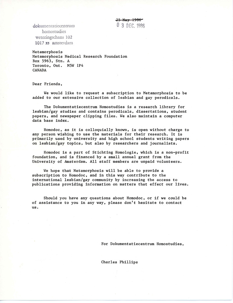 Download the full-sized PDF of Letter from Charles Phillips to Metamorphosis (December 3, 1986)