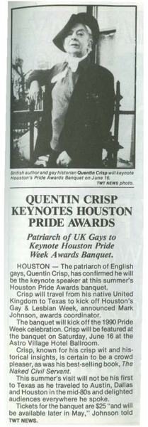 Download the full-sized image of Quentin Crisp Keynotes Houston Pride Awards