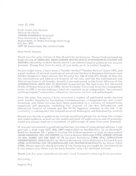 Download the full-sized image of Letter from Rupert Raj to Dr. L.J.G. Gooren (June 27, 1994)