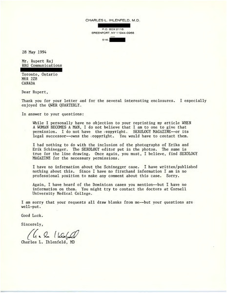 Download the full-sized image of Letter from Dr. Charles Ilhenfeld to Rupert Raj (May 28, 1994)