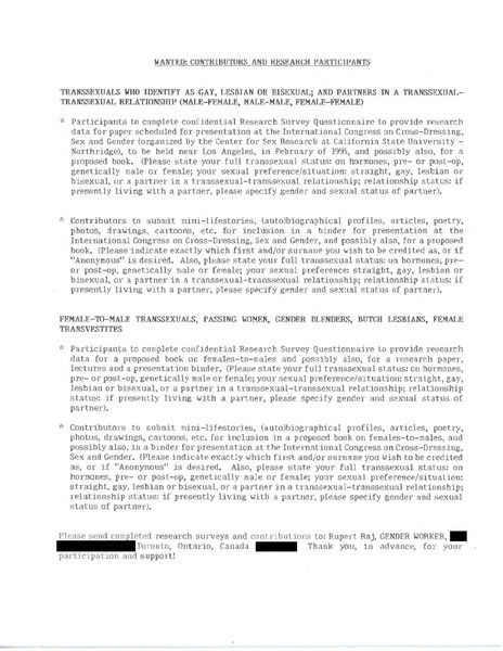 Download the full-sized image of Call for Contributers and Research Participants for Gender Worker