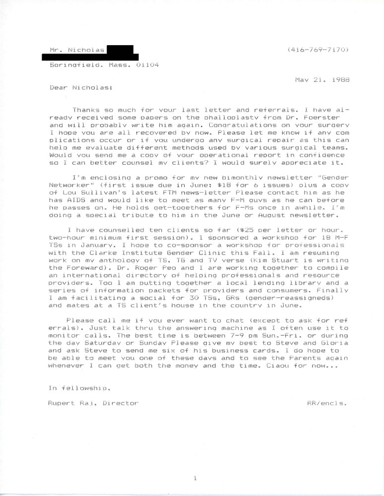 Download the full-sized PDF of Letter from Rupert Raj to Nicholas (May 21, 1988)