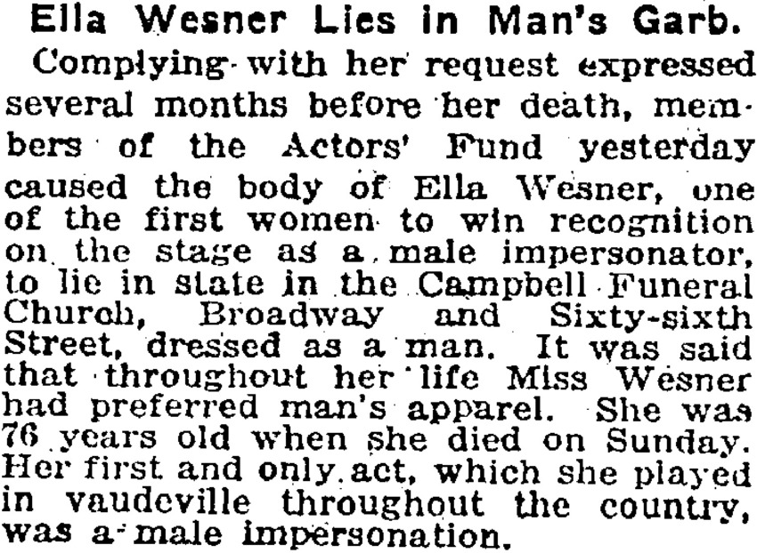 Download the full-sized PDF of Ella Wesner Lies in Man’s Garb.