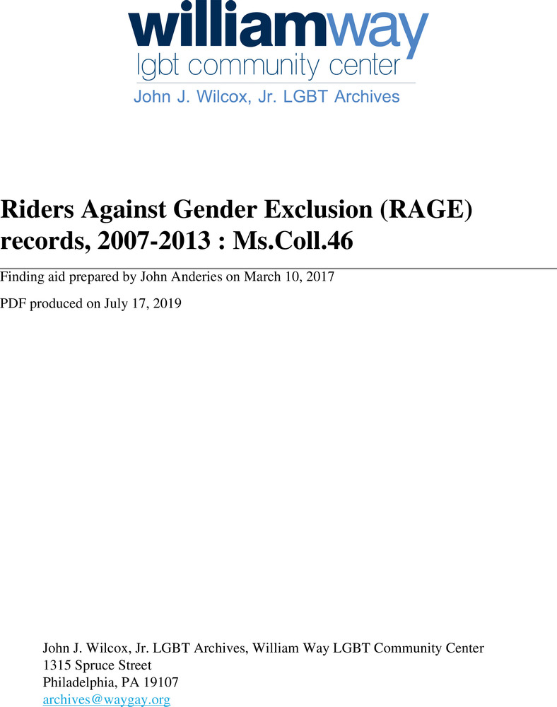 Download the full-sized PDF of Riders Against Gender Exclusion (RAGE) records, 2007-2013 : Ms.Coll.46