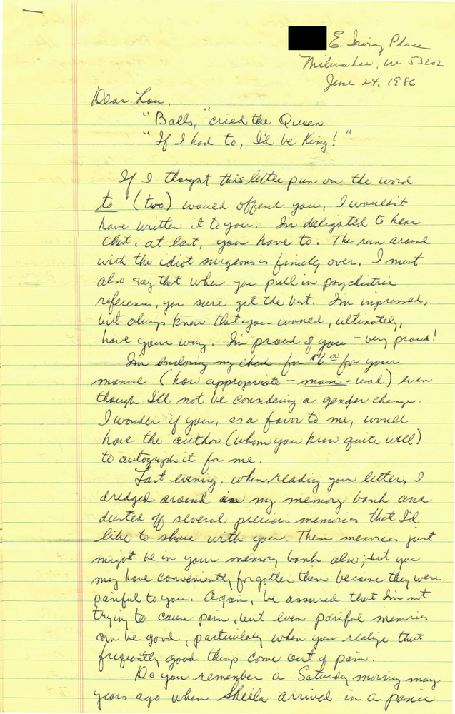 Download the full-sized PDF of Correspondence from Eldon Murray to Lou Sullivan (June 24, 1986)