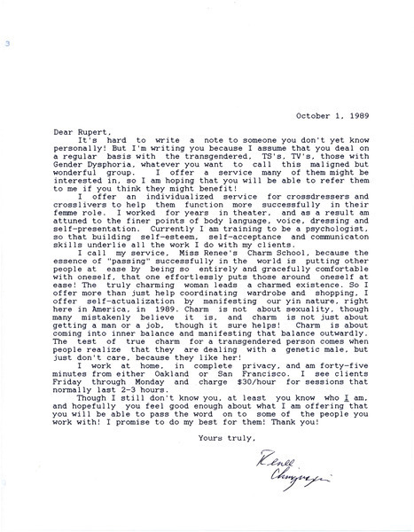 Download the full-sized image of Letter from Miss Renee to Rupert Raj (October 1, 1989)