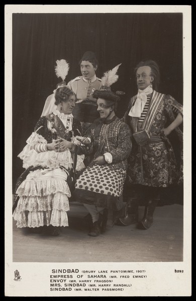 Download the full-sized image of Actors in the pantomime "Sindbad" at Drury Lane. Photographic postcard, 1907.