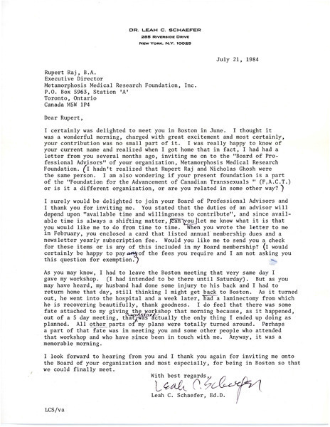 Download the full-sized image of Letter from Dr. Leah C. Schaefer to Rupert Raj (July 21, 1984)