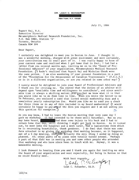 Download the full-sized image of Letter from Dr. Leah C. Schaefer to Rupert Raj (July 21, 1984)