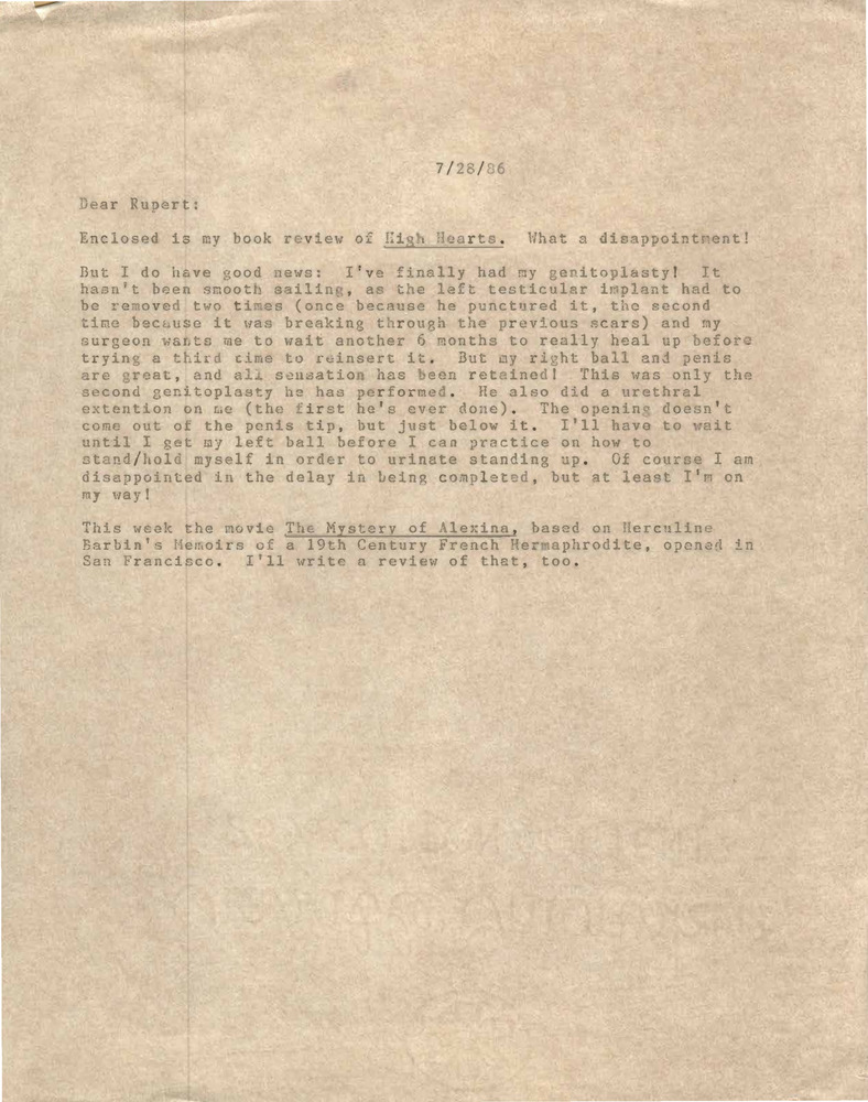 Download the full-sized PDF of Correspondence from Lou Sullivan to Rupert Raj (July 28, 1986)