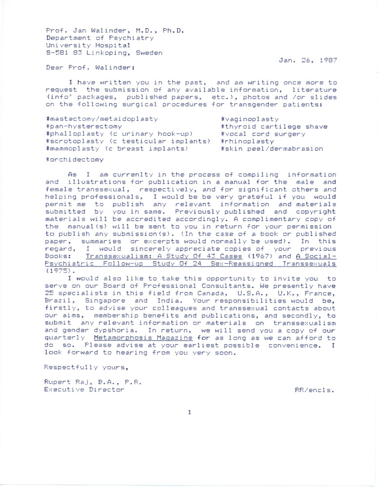 Download the full-sized PDF of Letter from Rupert Raj to Dr. Jan Walinder (January 26, 1987)