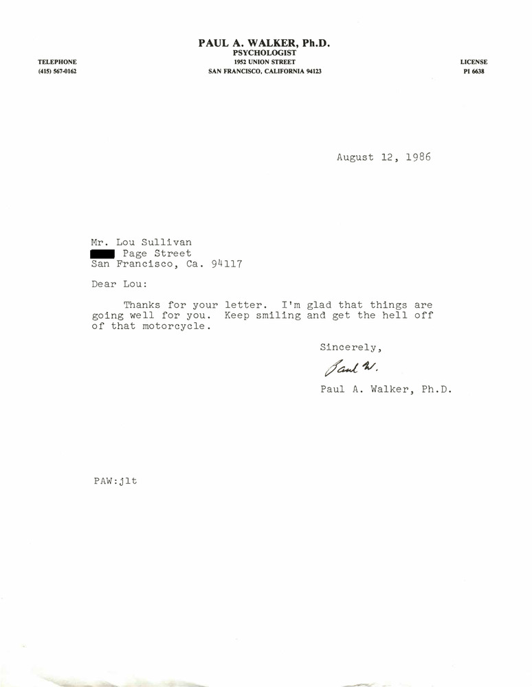 Download the full-sized PDF of Correspondence from Paul Walker to Lou Sullivan (August 12, 1986)