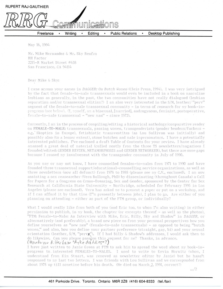 Download the full-sized PDF of Letter from Rupert Raj to Mike Hernandez and Sky Renfro (May 16, 1994)