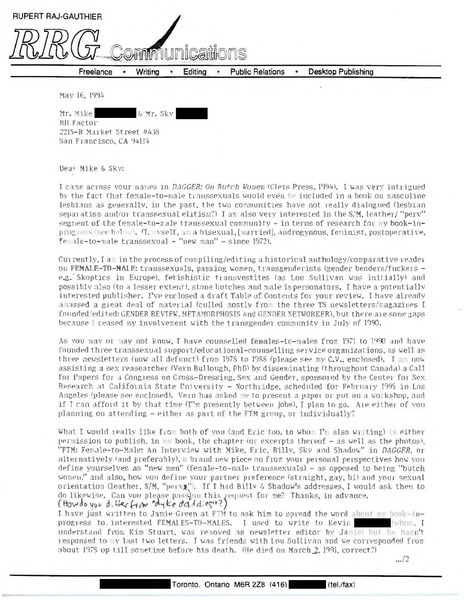 Download the full-sized image of Letter from Rupert Raj to Mike and Sky (May 16, 1994)