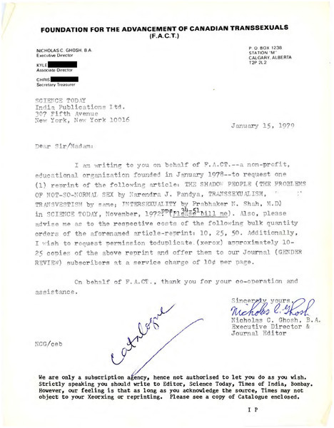 Download the full-sized image of Letter from Rupert Raj to Science Today (January 15, 1979)