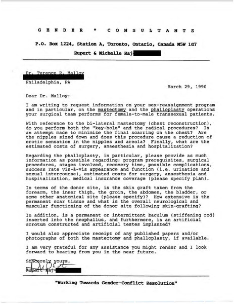 Download the full-sized image of Letter from Rupert Raj to Dr. Terrence R. Malloy (March 29, 1990)