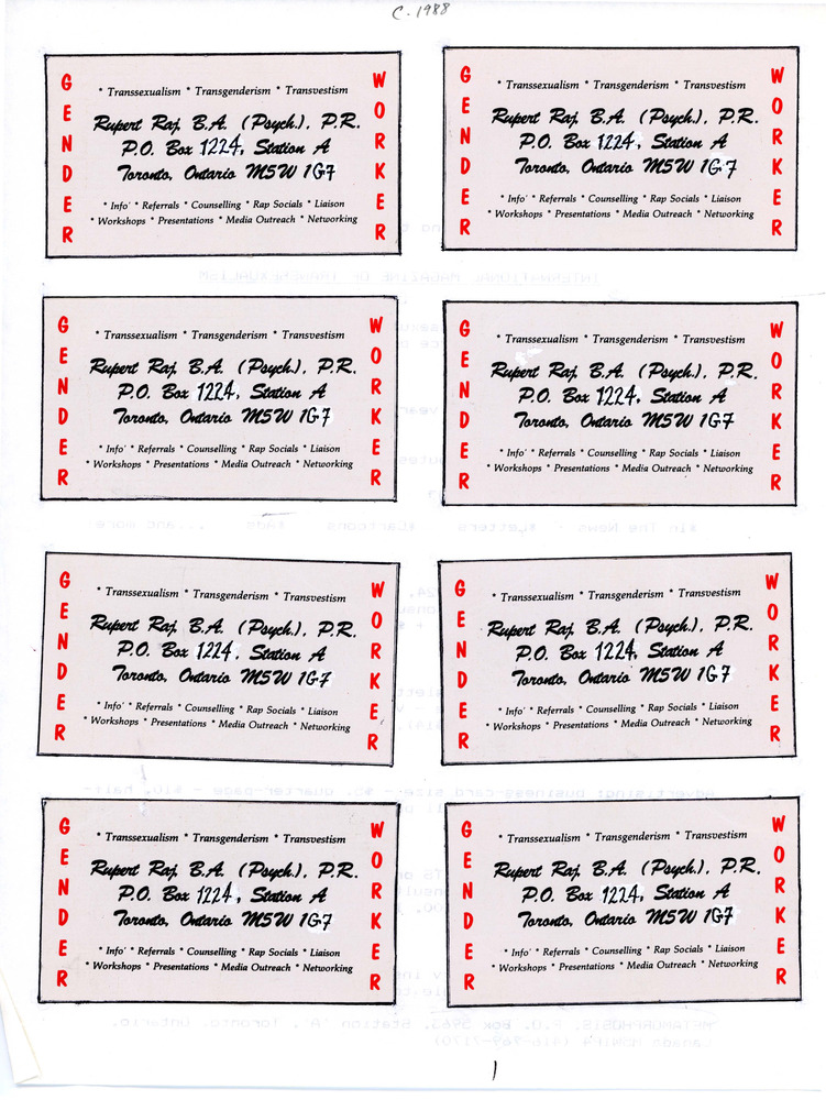 Download the full-sized PDF of Annoucement of the International Magazine of Transsexualism and Rupert Raj's Business Cards