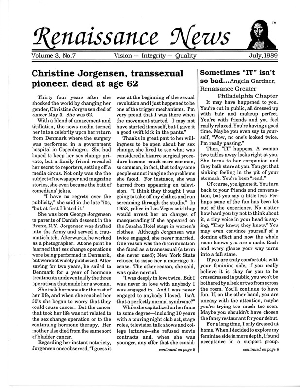Article reporting the passing of Christine Jorgensen